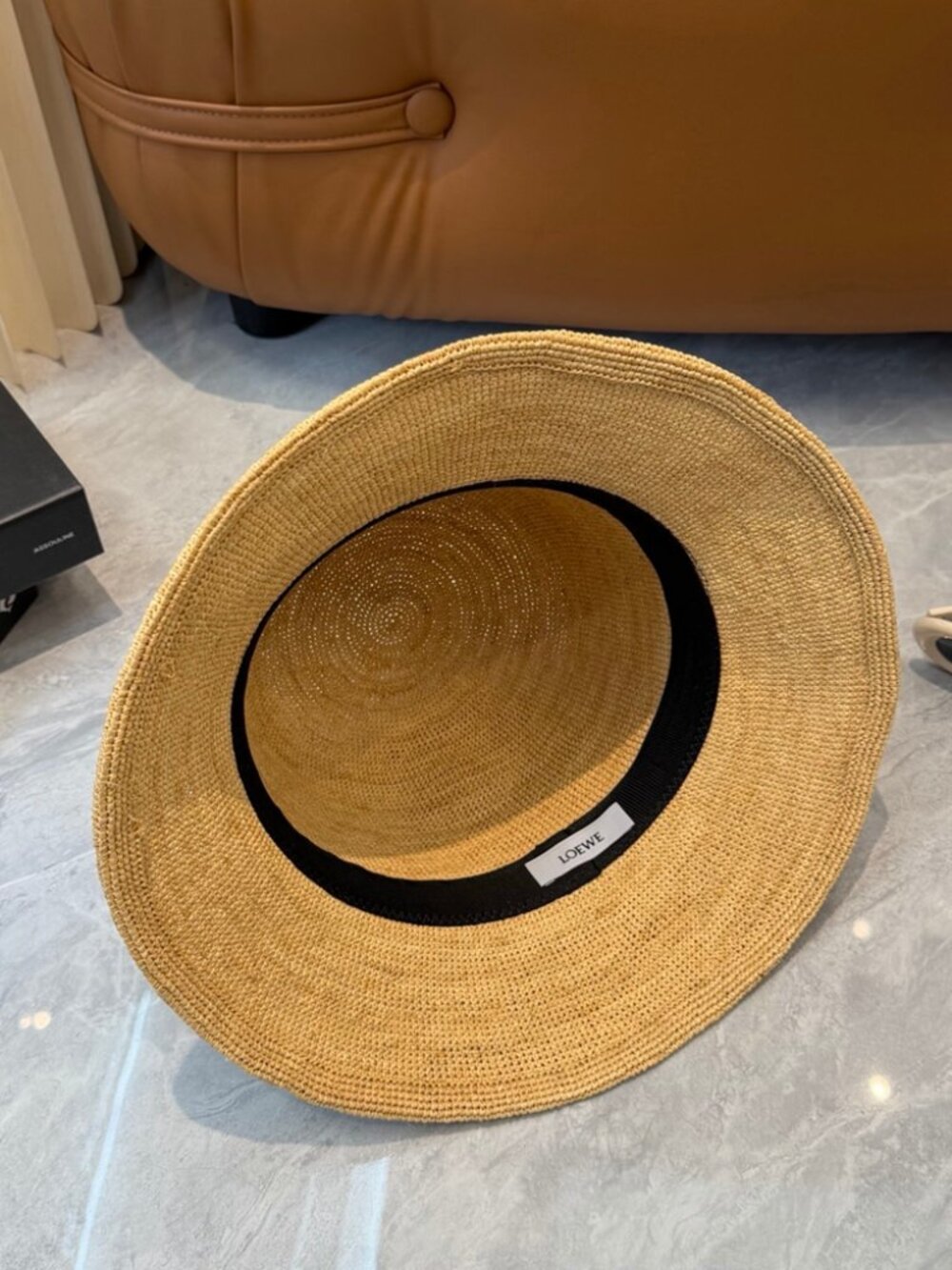 LOEWE Anagram Raffia Bucket Hat Straw Tan Leather Logo Sun Hat - Picture 5 of 7